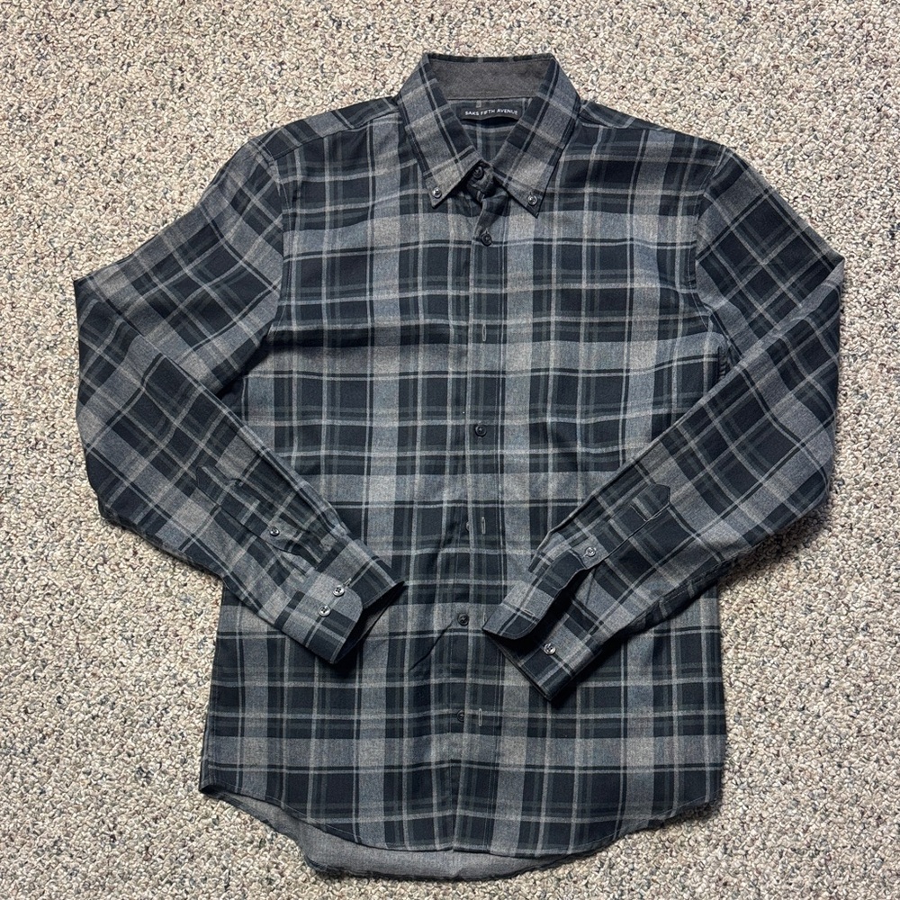Saks Fifth Avenue Black and Gray Plaid Shirt